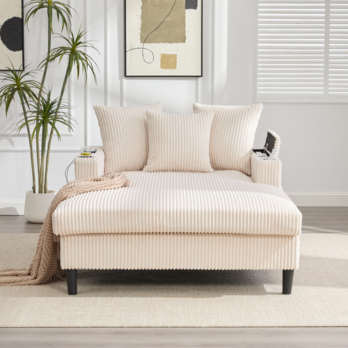 Méridienne En Velours Côtelé Beige 129 X 170 Cm Avec Rangement