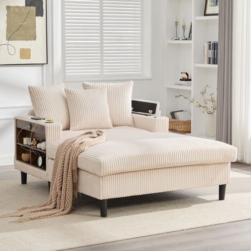 Méridienne En Velours Côtelé Beige 129 X 170 Cm Avec Rangement