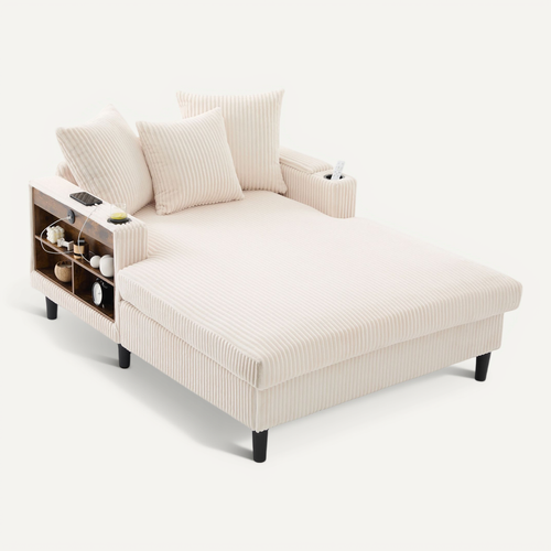 Méridienne En Velours Côtelé Beige 129 X 170 Cm Avec Rangement
