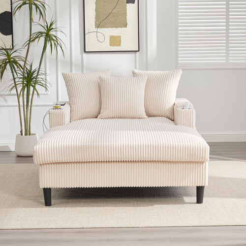 Méridienne En Velours Côtelé Beige 129 X 170 Cm Avec Rangement