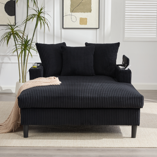 Méridienne En Velours Côtelé Noir 129 X 170 Cm Avec Rangement