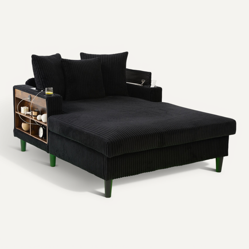 Méridienne En Velours Côtelé Noir 129 X 170 Cm Avec Rangement