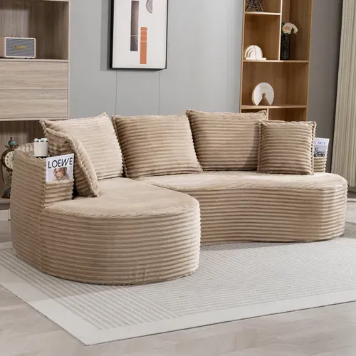 Canapé Arrondi Kaki En Velours Côtelé 250 X 152 Cm Pour Salon