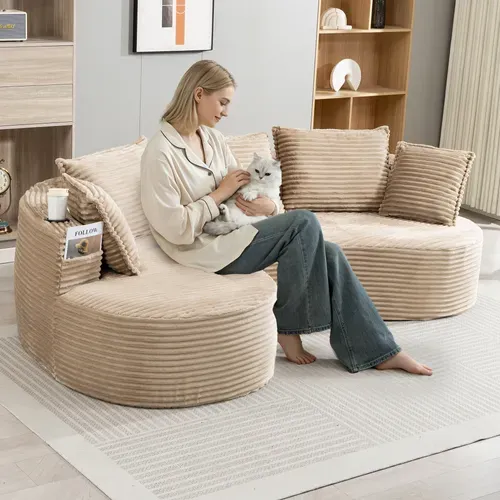 Canapé Arrondi Kaki En Velours Côtelé 250 X 152 Cm Pour Salon