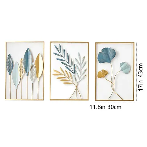 Ensemble De 3 Décorations Murales En Métal, Design Feuilles Et Ginkgo, Art Moderne