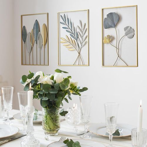 Ensemble De 3 Décorations Murales En Métal, Design Feuilles Et Ginkgo, Art Moderne