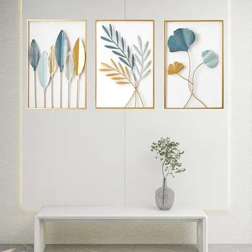 Ensemble De 3 Décorations Murales En Métal, Design Feuilles Et Ginkgo, Art Moderne