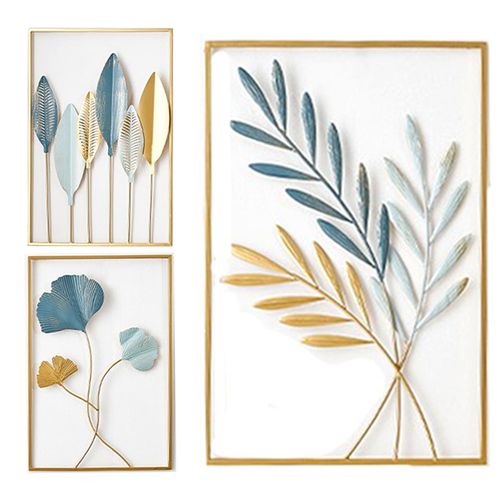 Ensemble De 3 Décorations Murales En Métal, Design Feuilles Et Ginkgo, Art Moderne