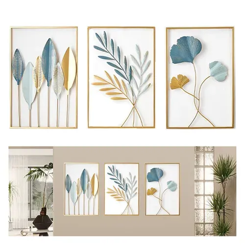Ensemble De 3 Décorations Murales En Métal, Design Feuilles Et Ginkgo, Art Moderne