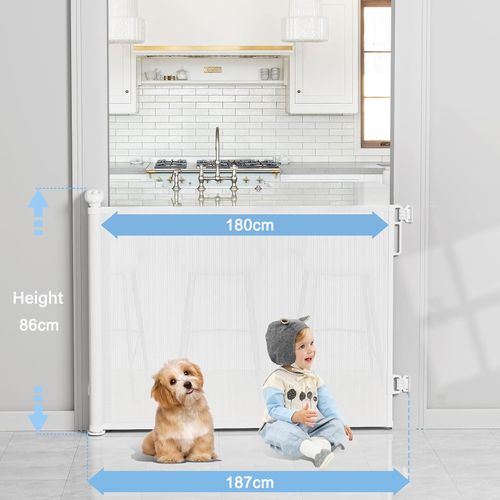 Barrière De Sécurité Extensible 180 Cm Pour Bébé Et Animaux Double Verrouillage Filet Souple Blanc