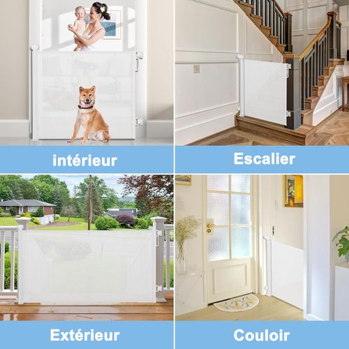 Barrière De Sécurité Extensible 180 Cm Pour Bébé Et Animaux Double Verrouillage Filet Souple Blanc