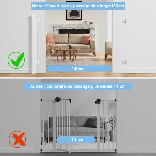 Barrière De Sécurité Extensible 180 Cm Pour Bébé Et Animaux Double Verrouillage Filet Souple Blanc