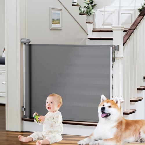 Barrière De Sécurité Extensible 140 Cm Pour Bébé Et Animaux Double Verrouillage Filet Souple Gris
