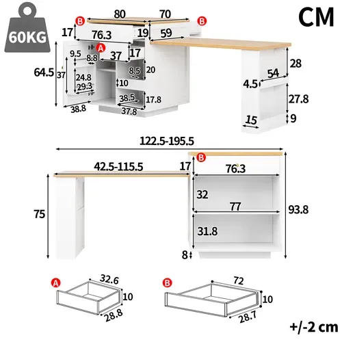 Îlot De Cuisine Blanc Extensible 122,5-195,5 Cm Avec Rangement