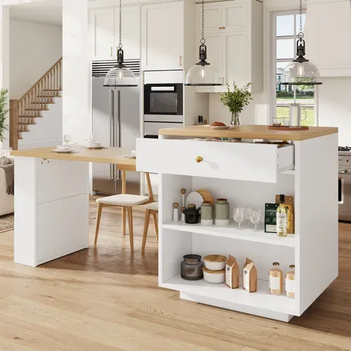 Îlot De Cuisine Blanc Extensible 122,5-195,5 Cm Avec Rangement