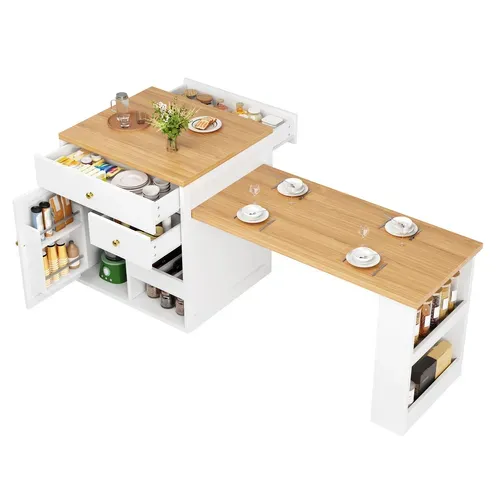 Îlot De Cuisine Blanc Extensible 122,5-195,5 Cm Avec Rangement