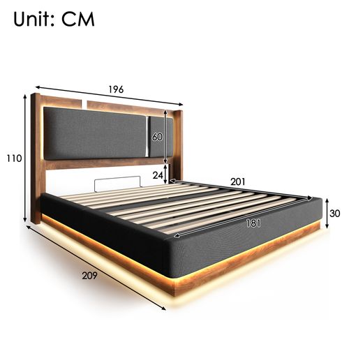 Lit 180x200 Gris Et Noyer Avec LED Et Rangement Pour Chambre