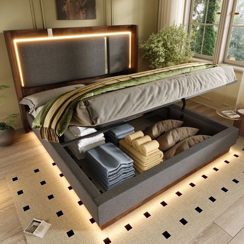 Lit 180x200 Gris Et Noyer Avec LED Et Rangement Pour Chambre