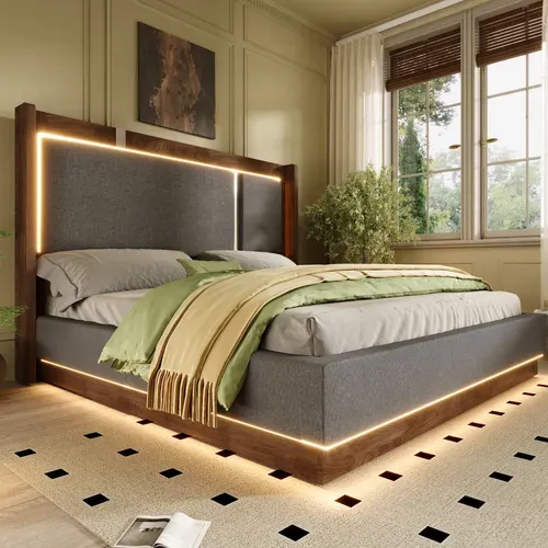 Lit 180x200 Gris Et Noyer Avec LED Et Rangement Pour Chambre