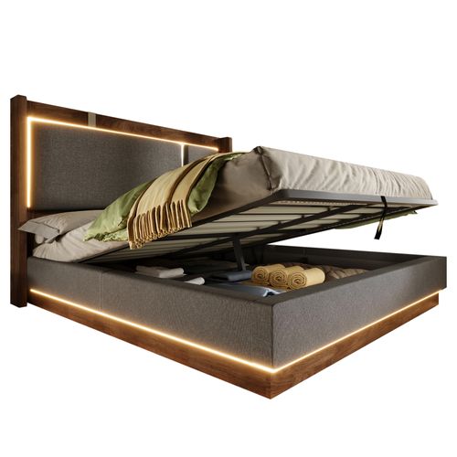Lit 180x200 Gris Et Noyer Avec LED Et Rangement Pour Chambre