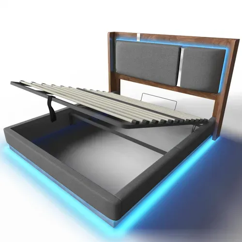 Lit 180x200 Gris Et Noyer Avec LED Et Rangement Pour Chambre