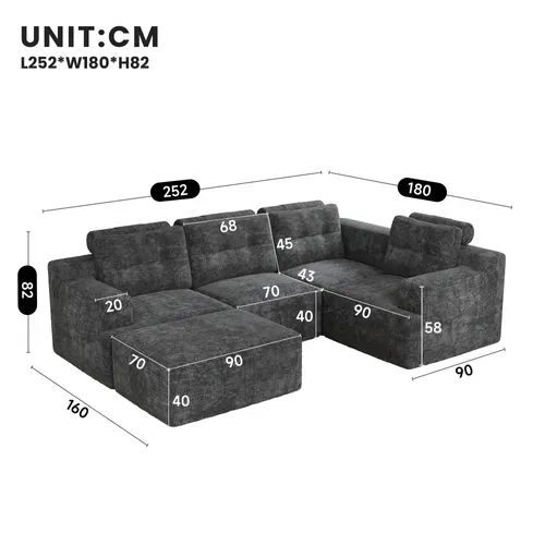 Canapé Compressé Modulable 5 Places En U 252 X 180 X 82 Cm Chenille Gris