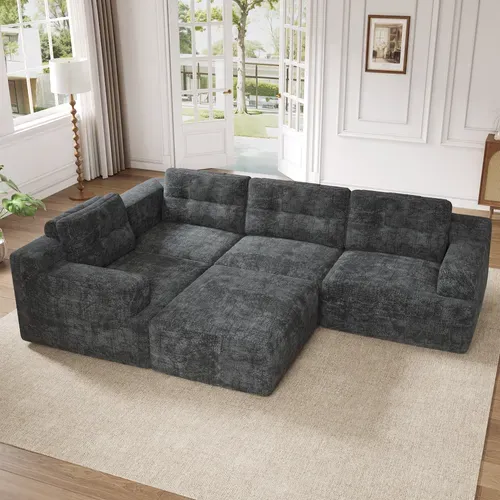 Canapé Compressé Modulable 5 Places En U 252 X 180 X 82 Cm Chenille Gris