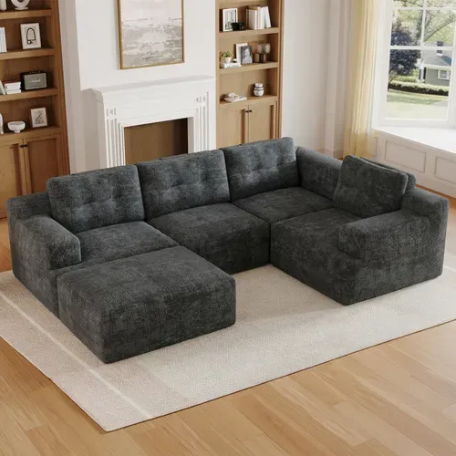 Canapé Compressé Modulable 5 Places En U 252 X 180 X 82 Cm Chenille Gris