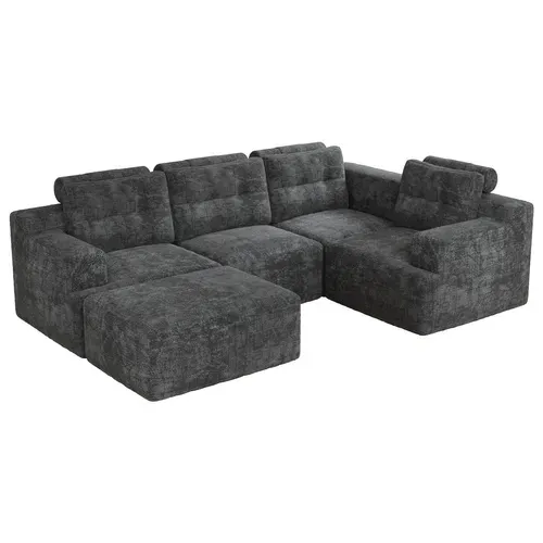 Canapé Compressé Modulable 5 Places En U 252 X 180 X 82 Cm Chenille Gris