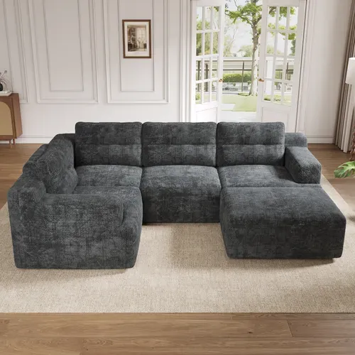Canapé Compressé Modulable 5 Places En U 252 X 180 X 82 Cm Chenille Gris