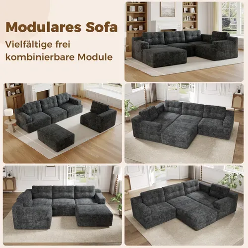 Canapé Compressé Modulable 5 Places En U 252 X 180 X 82 Cm Chenille Gris