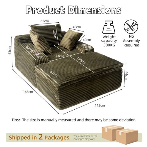 Canapé Compressé Droit Pliable Avec Méridienne, 3 Coussins Et Plaid, 165x112x63 Cm, Vert