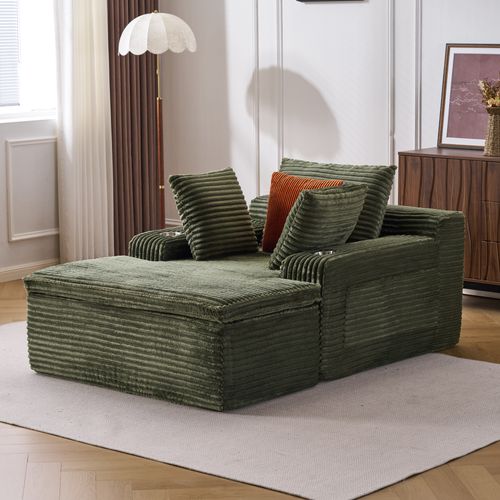 Canapé Compressé Droit Pliable Avec Méridienne, 3 Coussins Et Plaid, 165x112x63 Cm, Vert