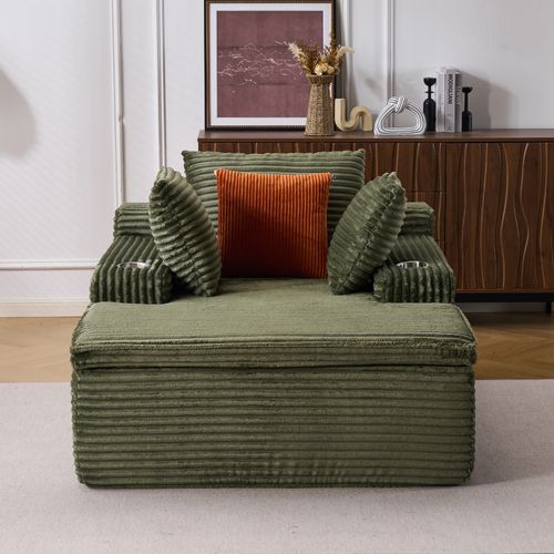 Canapé Compressé Droit Pliable Avec Méridienne, 3 Coussins Et Plaid, 165x112x63 Cm, Vert