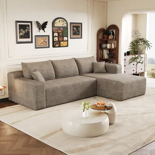 Canapé d'Angle Compressé 241 cm Sans Montage en Tissu Côtelé Camel