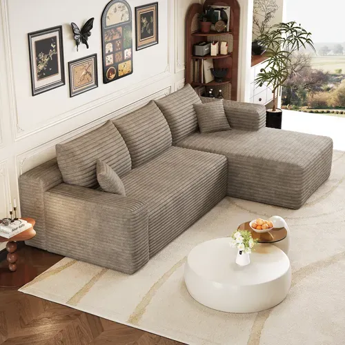 Canapé d'Angle Compressé 241 cm Sans Montage en Tissu Côtelé Camel