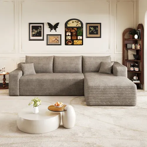 Canapé d'Angle Compressé 241 cm Sans Montage en Tissu Côtelé Camel