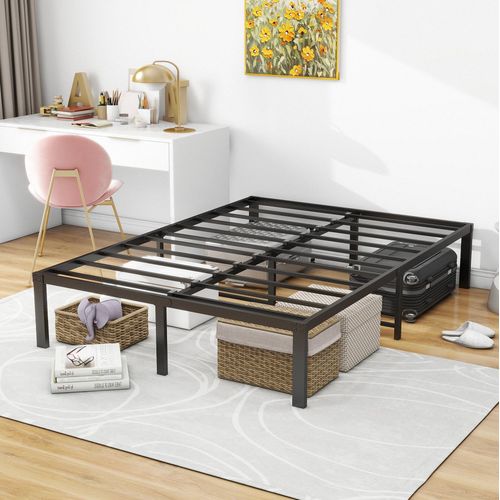 Lit 120x200 En Métal Avec Rangement Sous Lit, Structure Stable Sans Sommier Pour 2 Personnes, Noir