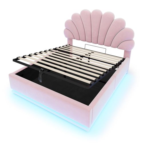 Lit Coffre LED 140x200 Cm Avec Tête De Lit Fleur, Rangement Hydraulique ...