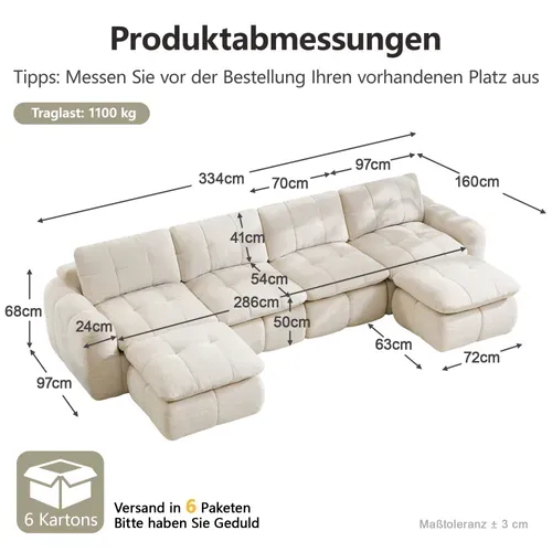 Canapé Modulaire Compressé 4 Places En U,assise Large Et Profonde,2 Ottomans,334x160x68 Cm,beige