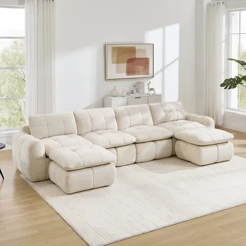 Canapé Modulaire Compressé 4 Places En U,assise Large Et Profonde,2 Ottomans,334x160x68 Cm,beige