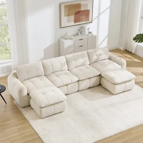 Canapé Modulaire Compressé 4 Places En U,assise Large Et Profonde,2 Ottomans,334x160x68 Cm,beige