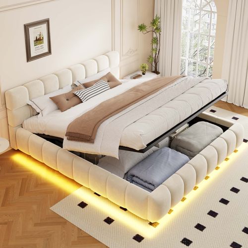 Lit Coffre 160x200 Cm Avec LED, Tête De Lit Rembourrée, Structure À ...
