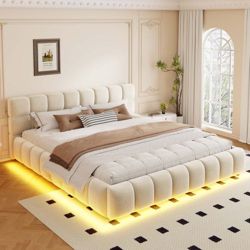 Lit Coffre 160x200 Cm Avec LED, Tête De Lit Rembourrée, Structure À ...