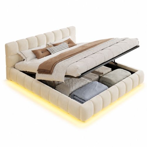 Lit Coffre 160x200 Cm Avec LED, Tête De Lit Rembourrée, Structure À ...