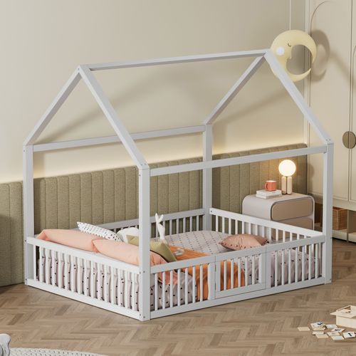 Lit Cabane Enfant 140x200 Cm, Avec Porte Et Barrière, Bois, Blanc