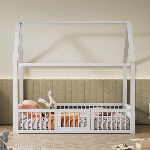 Lit Cabane Enfant 140x200 Cm, Avec Porte Et Barrière, Bois, Blanc