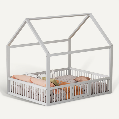Lit Cabane Enfant 140x200 Cm, Avec Porte Et Barrière, Bois, Blanc