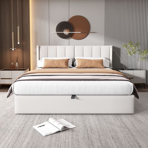 Lit Coffre 160x200 Cm, USB Et LED, Pu Blanc