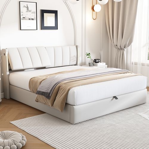 Lit Coffre 160x200 Cm, USB Et LED, Pu Blanc